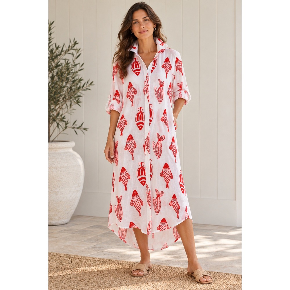 NWT Emily Phillips Red Fish Girlfriend Midi Dress S Cotton Made USA $399